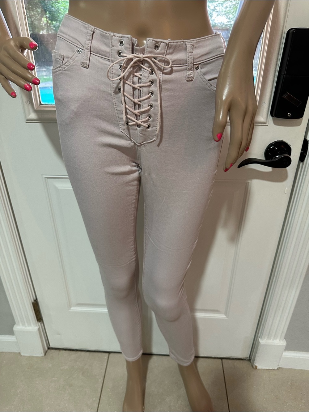 Topshop LEIGH High-Waist Lace-Up Skinny Pants - Blush Pink